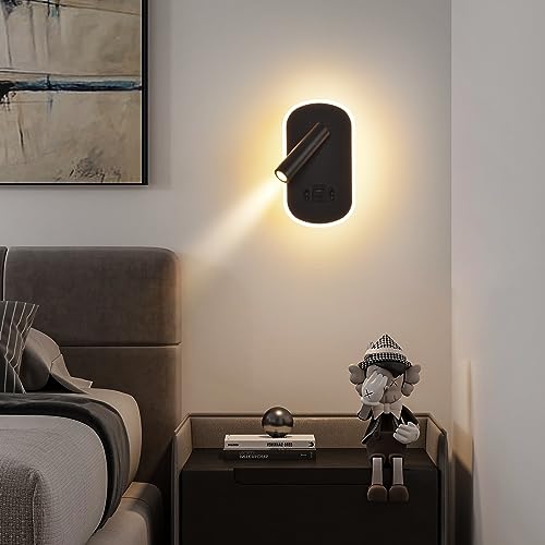 LED Reading Lamp with Switch, USB Charging Port + Type C Reading Light, 3W 3000K+9W 6000K Rotatable Wall Light for Reading, Indoor Inblack Wall Lighting, Night Lamp Bedroom Hotel