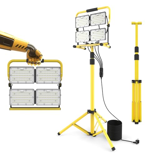 26000LM LED Work Light with Stand, Portable Work Light with 4 Heads and 5.0M Cable - IP66 Waterproof Floodlight for Workshop, Garage, Construction Site and Outdoor Lighting