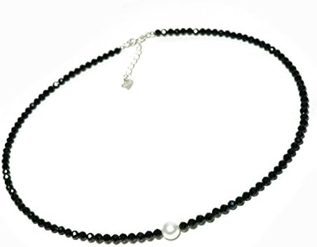 Wiw Single Pearl Choker Necklace on Black Spinel Rondelle Beads Necklace Strand with 925 Silver Ext. Clasp Handmade Jewelry 16"