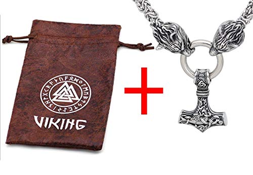 image for GuoShuang Men Stainless Steel Wolf Head Norse Viking Amulet Thor Hamme