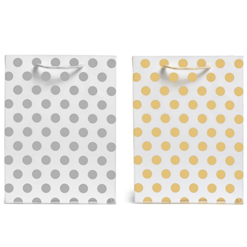 Haute Soiree - 12 Pack - Medium Sized Gift Bags Set with Rope Handles - 6 Gold and 6 Silver Polka Dot Bags Perfect for Weddings, Birthday and Holiday Presents
