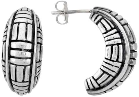 Sterling Silver Half Hoop Bali Style Post Earrings, w/ Vertical, Horizontal & Diagonal Line Pattern, 3/4" (19mm) tall