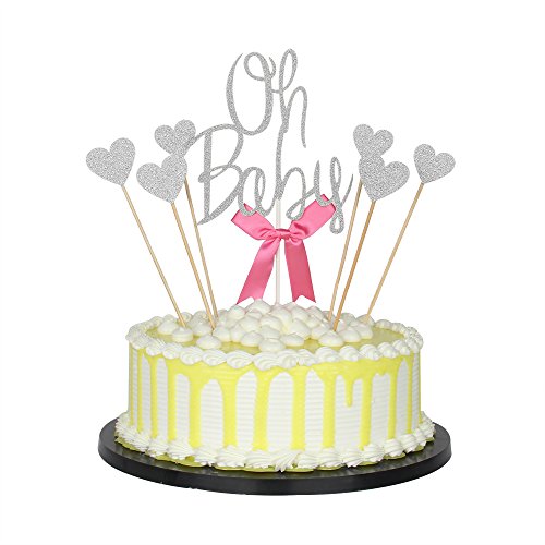 PALASASA Silver Glitter "Oh Baby" and love star Happy Birthday Cake Topper Party Baby Shower Cake Decoration,Set of 7