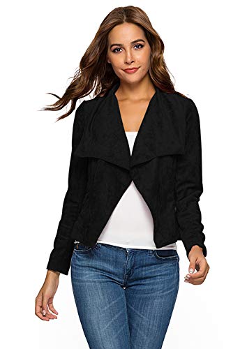 Escalier Womens Suede Leather Jacket Open Front Lapel Cardigan Blazer Jackets Black S