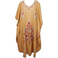 Mogul Interior Womens Caftan Dress Beige Bohemian Fashion Kimono Resort Wear One Size