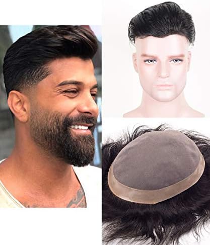 Meetove Men's Toupee Human Hair Replacement System For Men Fine Mono With PU Perimeter Men's Hairpiece 6"x 8" Natural Black (6 x 8", Natural Black)