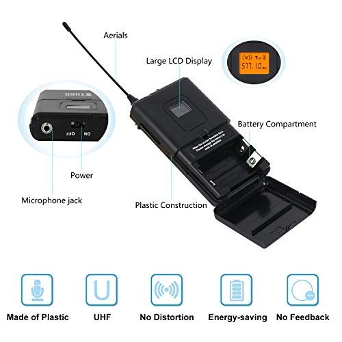 XTUGA A400 Metal receiver 4-Channel UHF Wireless Microphone System with 4 Bodypack for Stage Church Use for Family Party, Church, Small Karaoke Night (Frequency B)
