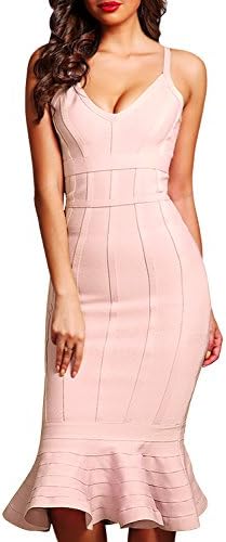Fbeauty Women's V Neck Mermaid Strap Bandage Dress Midi FB15249 (S, Nude)