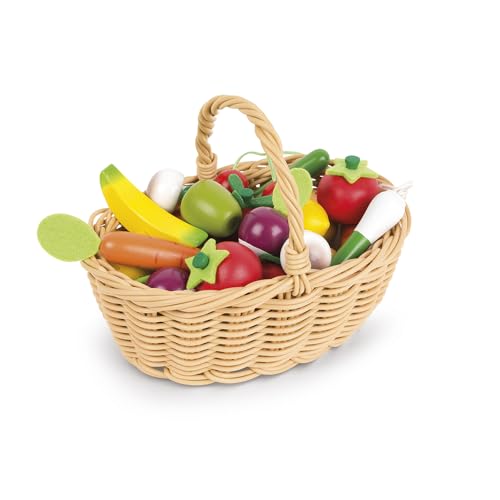 Janod - 25 Piece Wooden Play Food Fruit and Vegetable Basket - Ages 3+ - Playing Store with Toy Register - Imaginative Play Enhancement - Includes 24 Fruits and Vegetables - Ages 3+ - J05620