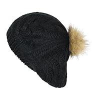 Elliott and Oliver Co. Cute Crochet Cable Knit Slouch Beret Cap, Cute Beanie w/Faux Fur Pom Winter Hat (Black)