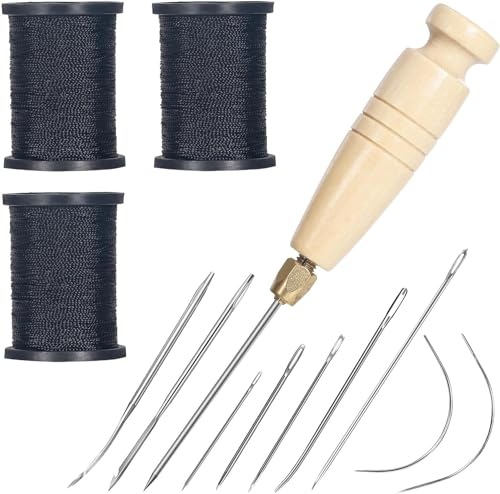 3-Spool Nylon Thread for Sewing, Each 80 Yards Thick Thread Kit Include Sewing Awls & 7 Needles for Hand Sewing, Upholstery Thread & Needle for Repairing Leather, Shoes, Furniture, Black