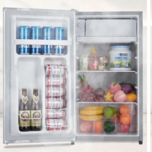 Mini Refrigerator with Freezer, 91L Capacity with Adjustable Thermostat, Fresh Drawer, Removable Glass Shelves, Mini Refrigerator for Bedroom/Cubicle/Office Food Storage Cooled Beverages, Silver