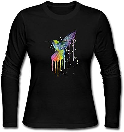 QEDS Hummingbird Bird Watercolor Women Long Sleeve Round Neck Cotton T-Shirt Top Christmas Gift XXL