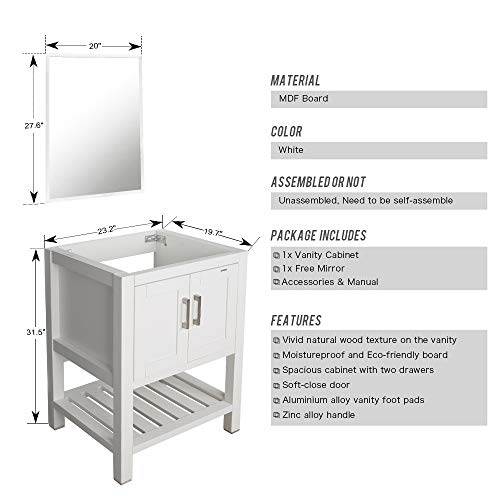 U-Eway White Bathroom Vanity Sink Mirror Rechtangle Ceramic Sink Drop In With Overflow 24"Lx20"D Eco-friendly Wood White, With Chrome Faucet And Pop Up Drain Combo - Thumbnail 2