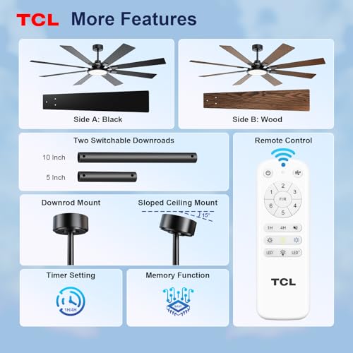 TCL Ceiling Fans with Lights and Remote: 8 Blades, Quiet Reversible DC Motor, Dimmable Super Bright LED, Noiseless Large Modern Fan for Room, Outdoor, Commercial and Industrial Use (Black, 72 Inch)