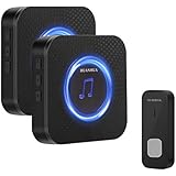 HUANHUA Wireless Doorbell Kit, 1-PC IP55 Waterproof Push Button with 1000Ft Operating Range, 2-PCS Battery Operated Receivers with 5 Volume Levels,55 Chimes,LED flash For Home Office classroom, Black