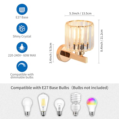 ANWIO Gold Crystal Wall Light, Modern Wall Light with E27 Base, Crystal Glass Wall Lights Interior, Wall Lamp for Bedroom, Kitchen, 2 Units (Bulbs Excluded)