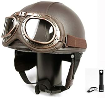 Vintage Motorcycle Motorbike Scooter Half Leather Helmet Brown wlth Free Goggles and One Ganda Karabiner LED rechargeable flashlight