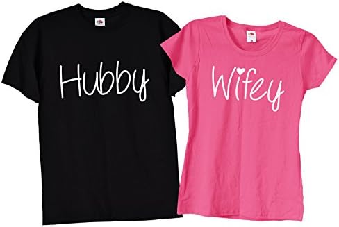TrendySnug Tees Hubby Wifey Cute Love Heart Matching Couples T-Shirts, 130 - Different Colours Available!