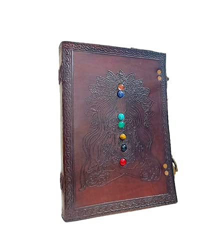 Photo 1 of (damged, broken lock) Handmade Leather Journal Notebook Seven Stone Chakra Crystal Healing Large Leather Journal Healing Kundalini Chakra 7 stone Sketchboo Leather Book of Shadows Journal Drawing Art Book Supernatural