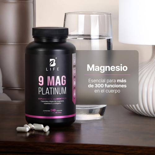 Mezcla de Magnesios Premium con 240 Cápsulas 1100 mg por poción. Adicionado con Colágeno Hidrolizado y Vitamina C. 9 Mag Platinum B Life.