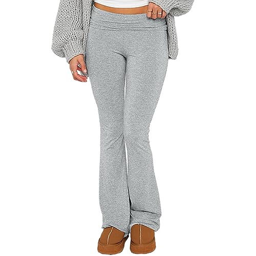 CALEBGAR WOMEN’S FOLD OVER WAIST YOGA PANTS LOW RISE LEGGINGS SLIM FIT FLARE PANTS WORKOUT CASUAL BOOTCUT PANTS GREY
