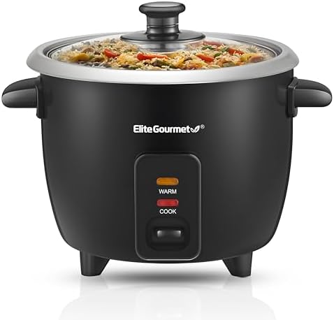 Elite Gourmet ERC003B Electric Rice Cooker with Automatic Keep Warm Makes Soups, Stews, Grains, Hot Cereals, 6 Cups Cooked (3 Cups Uncooked), Black