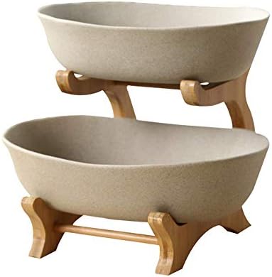 Ceramic Bowl Ceramic Double Fruit Bowl, Creative Bamboo Double Fruit Basket, Clay Fruit Bowl, Living Room Fruit Decoration Bowl Home (Color : Earth Porcelain)