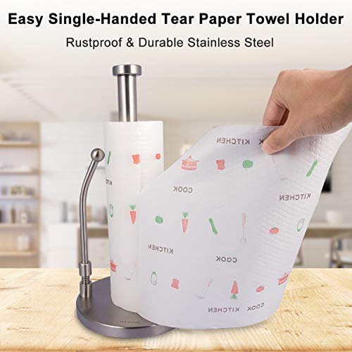 Paper Towel Holder Stand Countertop - Single-Handed Tear Paper Towel Dispenser Stainless Steel Organizer with Weighted Base Adjustable Spring Arm to Hold Paper Roll for Kitchen Bathroom
