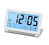 Mini Foldable Travel Alarm Clock with Temperature/Date/Calendar/Snooze for Office /Bedroom/Study/kitchen/Living room Silent LCD Digital Screen Desk Clock with Soft Blue Backlight