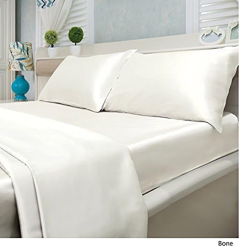 Luxury Solid Color 4-Piece Satin Bed Sheets Set - Silky Smooth, Super Soft, Wrinkle Resistant Sheets and Pillowcases (Full, Bone)