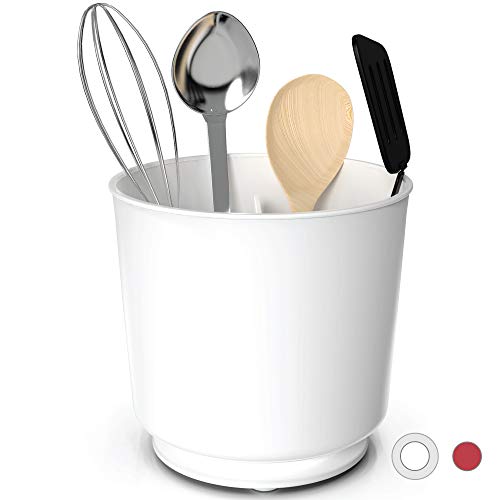 Extra Large Rotating White Utensil Holder Caddy with Sturdy No-Tip Weighted Base, Removable Divider, and Gripped Insert - Rust Proof Plastic and Dishwasher Safe Kitchen Utensil Holder for Countertop