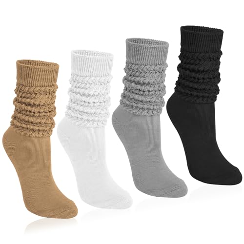 Tialfas 4 Paar Kniestrümpfe Stulpensocken Damen Baumwolle Weiche Strick Slouch Socken Strümpfe Damen-Kniestrümpfe Extra Lange Beinwärmer Beinstulpen Scrunch Knit Cotton Stiefelsocken Für Herbst Winter