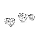 925 Sterling Silver Rhodium Plated Birth Month 4mm Heart Cubic Zirconia Screwback Baby Girls Earrings