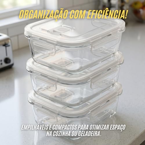 Kit 5 Potes Herméticos de Vidro Resistente de 650ml com Travas de Segurança e Tampa com Válvula | Próprio para Freezer, Microondas e Forno - Kit 5 Unidades