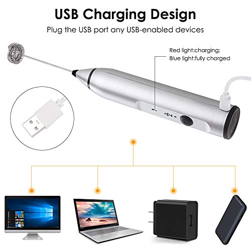 EZCO Electric Milk Frother Handheld, USB Rechargeable Drink Mixer Foam Maker for Coffee Lattes Hot Chocolates with Egg Beater/Coffee Needle Pen/Art Stencils Set, Silver - Thumbnail 2