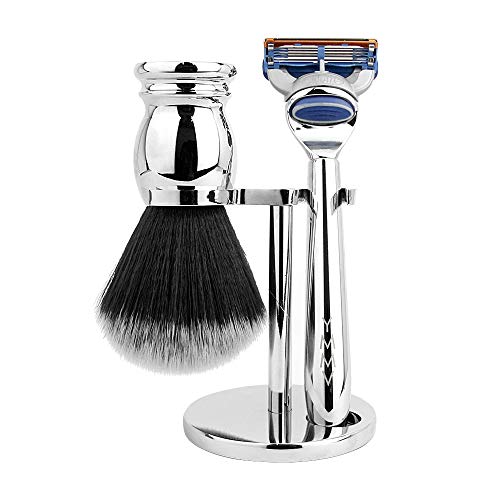 YMMV Chrome Shaving Set, Fusion Compatible Razor with Mirror Chrome Metal Handle, Universal Mirror Chrome Shaving Stand, 24mm”Tuxedo” Synthetic Brush with Metal Chrome Handle