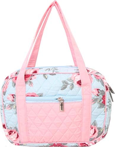 DIWI 10 X 7 X 2.75 Inches Large Sizes Bible Cover Bible Tote Bible Purse Quilted Cotton Zipper Closer Pen Holder Fit for Large Print NLT Life Application Study Bible (1901A Light Blue Plus Pink, L)