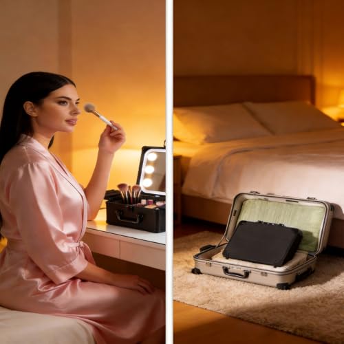 Makeup Bag with LED Mirror, Travel Train Case with Adjustable Dividers, Cosmetic Brush Organizer Storage for Women and Girls, Black 25 * 22 * 13Cm, USB Powered