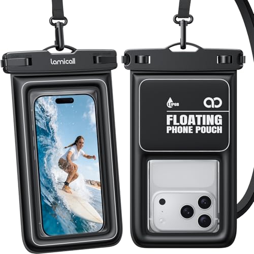 Lamicall Funda Impermeable para Celular - [Flotante] 2 Piezas, Cierre Antiapertura Bolsa para Celular contra Agua, Waterproof Case Compatible con iPhone 17 16 15 Pro MAX, Galaxy S25, 4-8.5" con Funda
