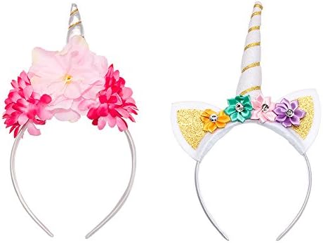 AYUQI Unicorn Spiral Horn Headbands with Glitter Ears Flowers for Toddlers Girls Party Decoration Cosplay Costume Photo Props (2 packs) 8995