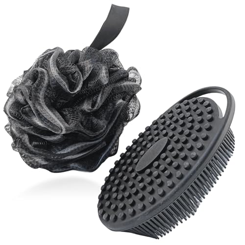 2-in-1 Silicone Body Scrubber & Loofahs Set，Gentle Exfoliating Tool for Sensitive Skin，Eco-Friendly & Hygienic Bath Accessory for Men and Women (Black+Black)