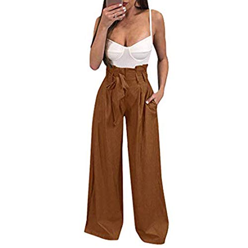 Botrong Women High Waist Wide Leg Pants Bandage Trousers Casual Pants (Coffee,L)
