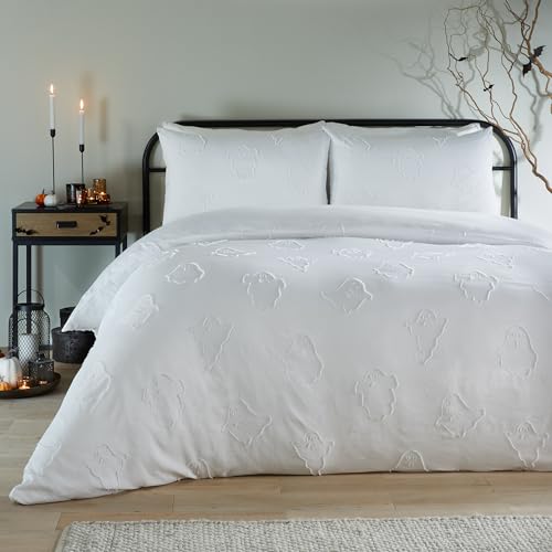 Duvet Day Ghostly Ghouls Bettbezug-Set – Ultraweiche getuftete Halloween-Bettwäsche (Weiß – Doppelbett)