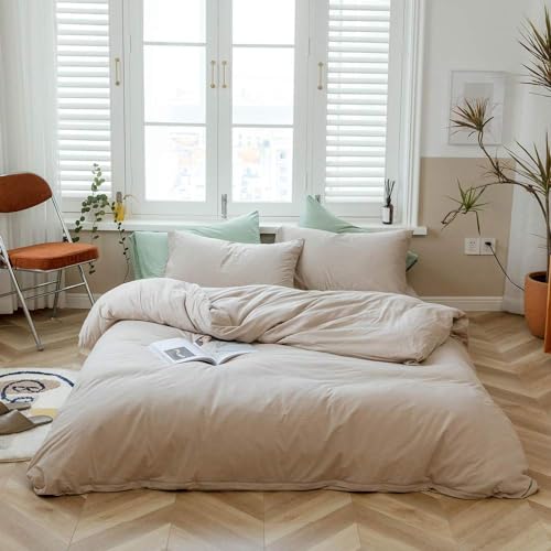 AMWAN Beige Duvet Cover Set - Full Size, Taupe & Khaki Apricot Solid Comforter, Jersey Knit Cotton, Simple Style, 1 Duvet Cover with 2 Pillowcases