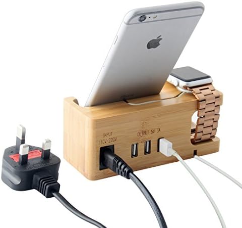 Iputy Charging Stand,Multi-device USB Charging Dock, 3 USB Ports Bamboo Wood Charging Station Mount Holder Compatible for Apple Watch(38mm&42mm)/iPhoneX/8/8Plus/7/7Plus/SE/6s/6 and Other Smartphone