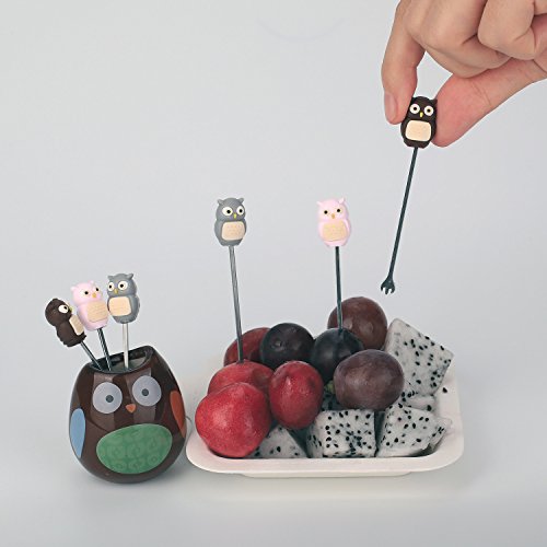 Zeltauto 6 Pcs Stainless Steel Fruit Forks Cute Cartoon Animal Food Picks Salad Cake Dessert Forks, Comes with a Ceramic Holder (Owl)