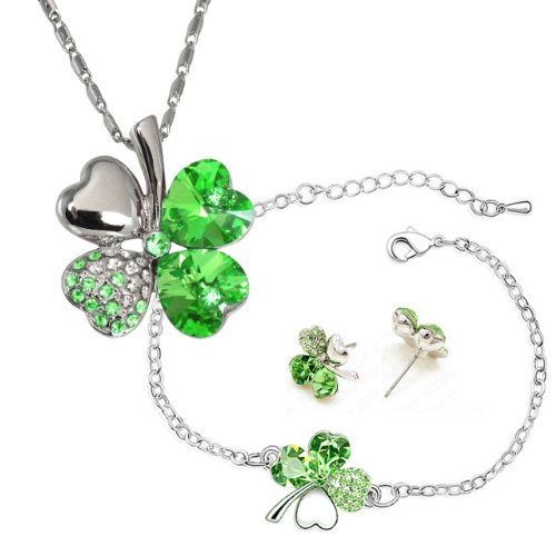Four Leaf Clover Elements Crystal Rhodium Plated Necklace, Earrings & Bracelet Set - Green