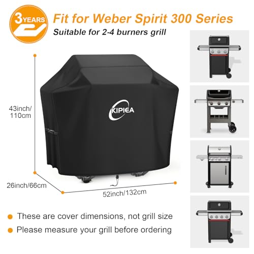 Kipiea 52-Inch Heavy Duty BBQ Cover for Weber Spirit 300 Series Grills, Including Spirit E-310, E-330 & S-315, 500D Waterproof Grill Cover with Windproof Buckles, UV Resistant, No Tear, No Fading