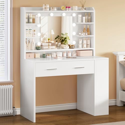 TEENFON Vanity Desk with Large Mirror & 10 Lights, Makeup Vanity with 3-Tier Open Side Storage Shelves, Vanity Table with 3 Color Light Adjustable for Bedroom, White, 40×80×143CM
